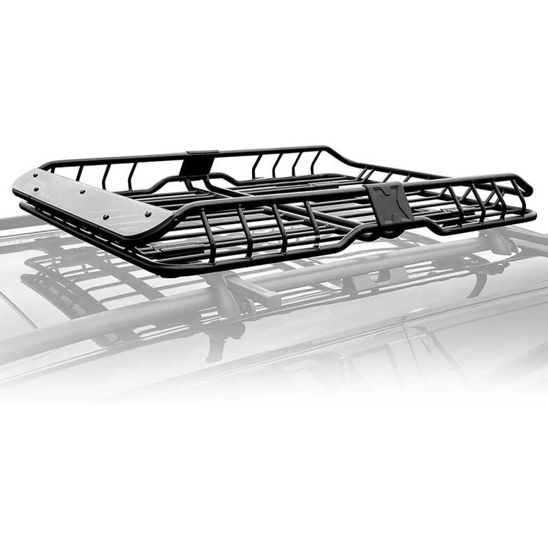 Heavy Duty Roof Mounted Cargo Basket Rack | L57.5 x W42 x H6 | Roof Top Luggage Carrier | with Wind Fairing, Black